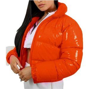 Women Winter Warm Stand Collar Slim Fit Cropped Front full zip down closure High